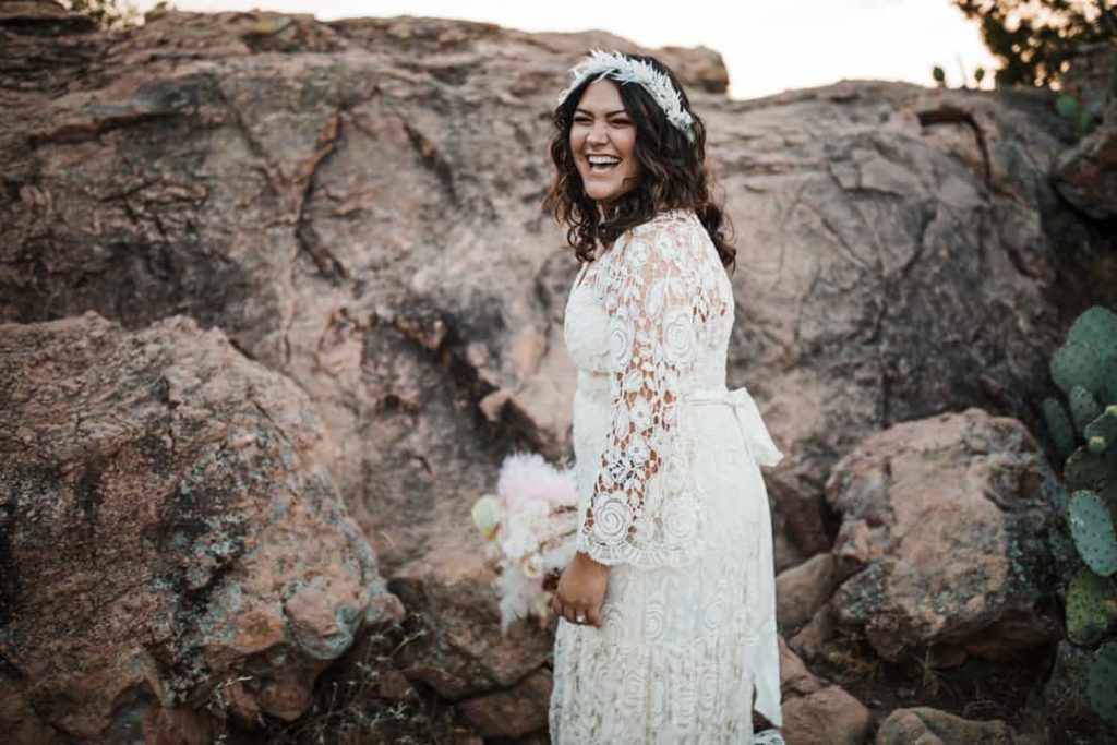 Bride laughing at her Inks Lake elopement.