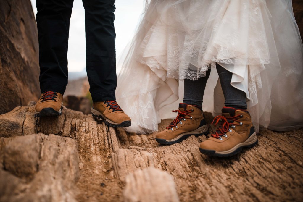 Bride and groom's hiking boots on their elopement day in Big Bend National Park