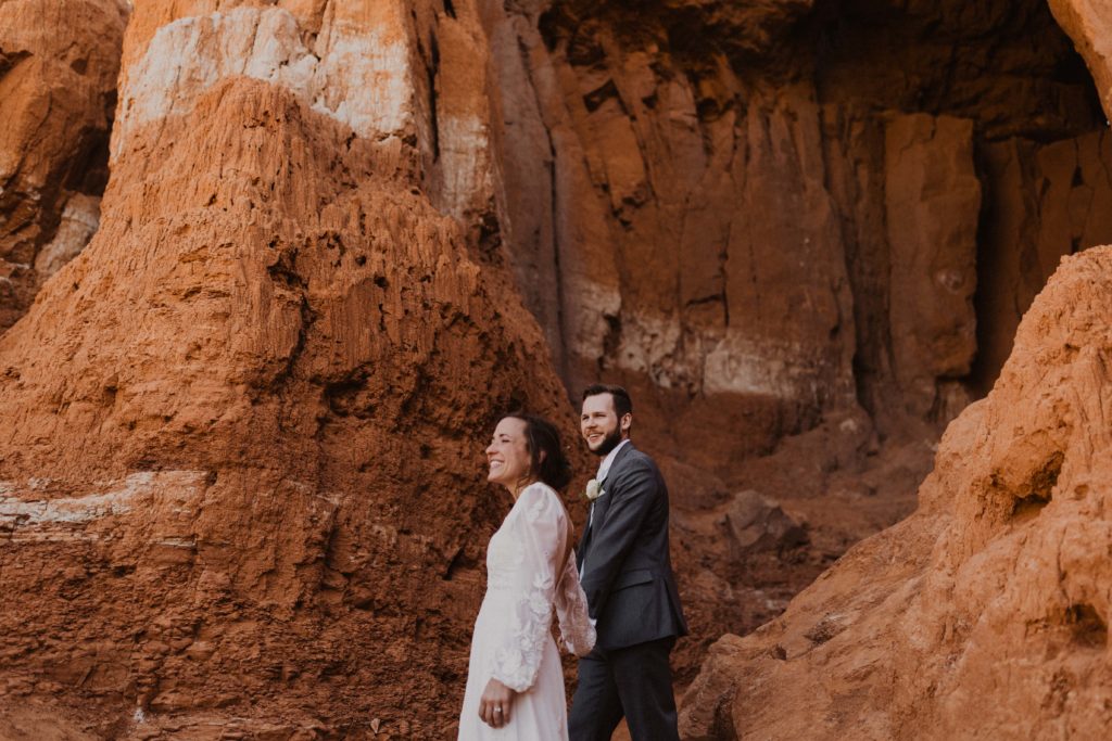 Couple exploring Palo Duro Canyon on their elopement day.