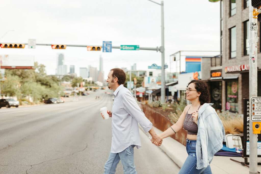 Austin engagement photographer captures couple crossing street