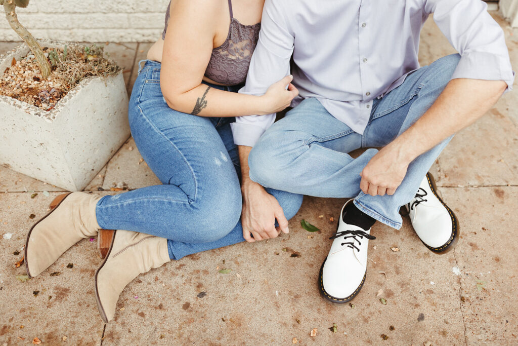 couples outfit and shoes at engagement session