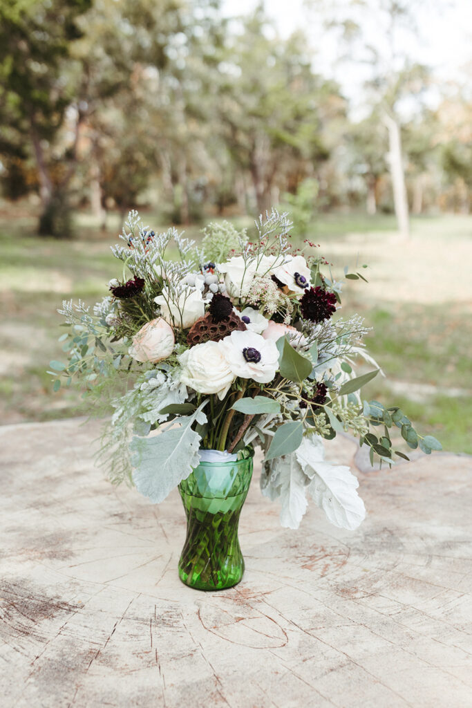 wildflower white and black wedding bouquet